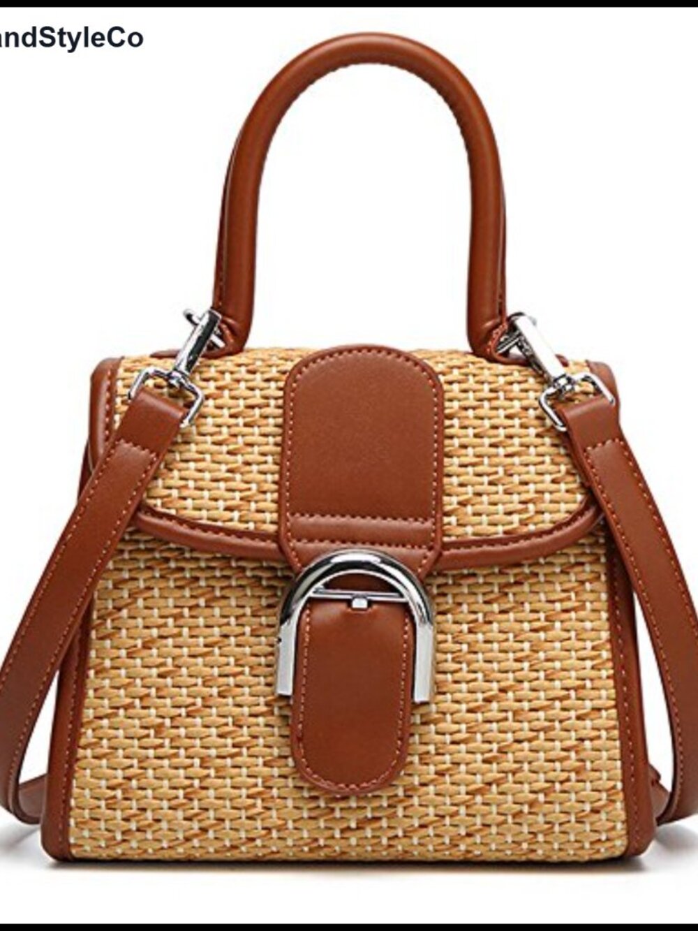Straw Woven Satchel Crossbody Bag PU Leather Small Handbag